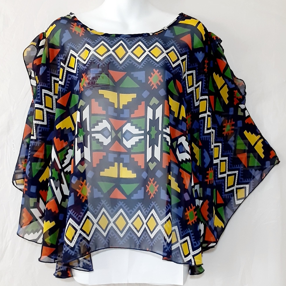 SKETCHBOOK Southwest Tribal Aztec Print Butterfly Batwing Sheer Top EUC